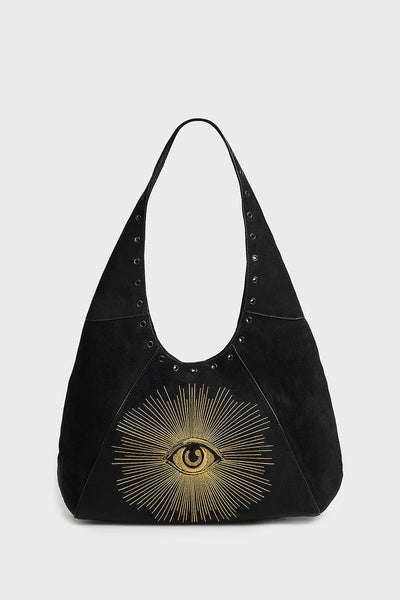 Sort Killstar Chapel Iris fl&oslash;jlstaske med guldbroderet &oslash;je og sorte ringdetaljer.