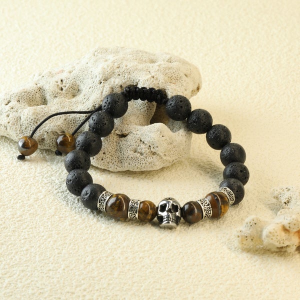 Lavasten Tiger Skull armb&aring;nd 10 mm