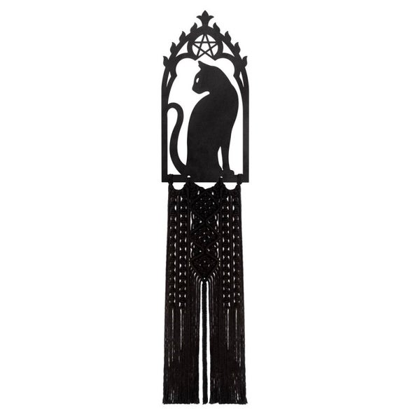 Alchemy Midnight Gate makram&eacute; v&aelig;gdekoration 78 cm sort kat og pentagram